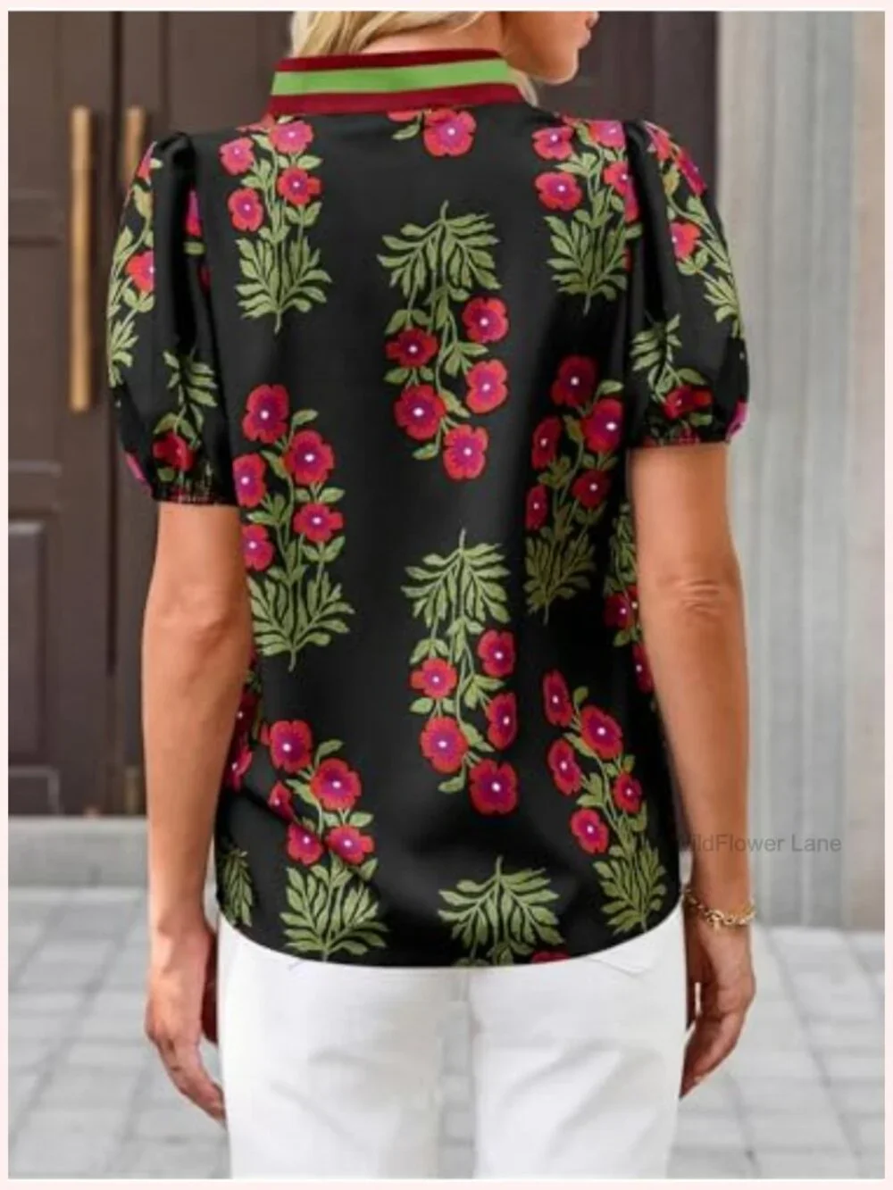 Women's Floral Puff Sleeve V Neck Blouse - Relaxed Fit Casual Top